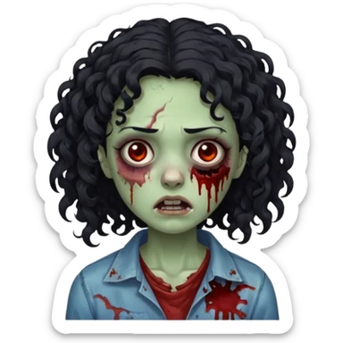 a zombie with curly medium black hair, dark brown eyes and a bit of blood on her cheek sticker