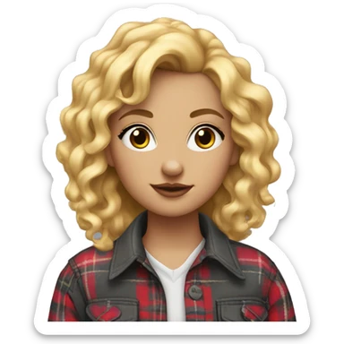 A girl with blond curls, piercing in the left nostril in the form of a ring. In a plaid shirt sticker