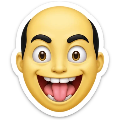 Freaky yellow face emoji smiling really big with huge tongue out and eyes wide open. Tongue should is wagging back and forth. Give him a head of black hair sticker