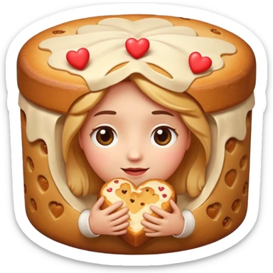 Apple-style emoji illustration of a cute face with dreamy eyes hugging a traditional panettone, small hearts floating around, soft 3D emoji style, smooth gradients, rounded shapes, warm festive colors, simple expression, centered composition, transparent background, no text. sticker
