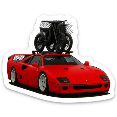 Make the two Sur-Ron electric bikes on the roof rack much smaller, to proper scale—significantly smaller than the realistic Ferrari F40, as they would be in real life. Keep the background transparent. sticker
