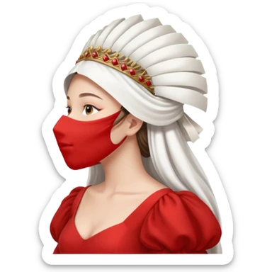 mujer de perfil con un vestido rojo de manga y falsas largas y voluptosas, y una toca blanca GRANDE que no se le ve la cara porque la toca la cubre sticker