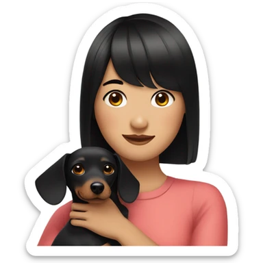Asian woman with black neat bangs hugging black dachshund sticker