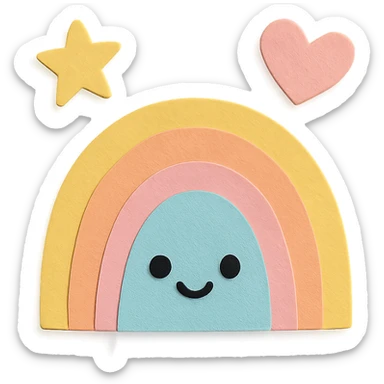 cute tiny rainbow, floating star and heart around, soft pastel colors, no limbs, transparent background, full body, paper craft style sticker