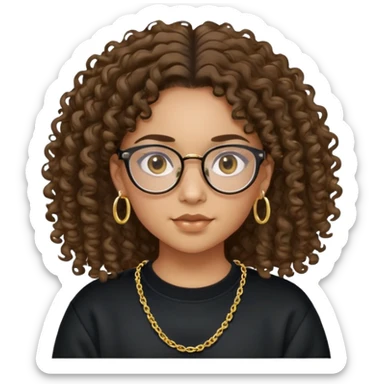 Mixed girl /curly long hair brown / with black eyes glasses black sweat shirt middle part baby gold earring and simple gold chain  sticker