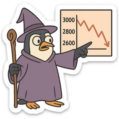 penguin wizard pointing to a stock chart with numbers going down sticker