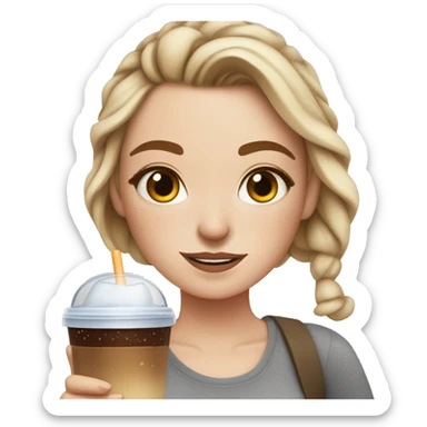 White girl with freckles in messybun holding iced coffee sticker