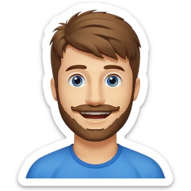 25 year old man, short scruffy beard and sparse moustache, brown puffy mullet, blue eyes, big smile, white teeth, big lips, pronounced jaw, hair longer in back, sticking up on top sticker