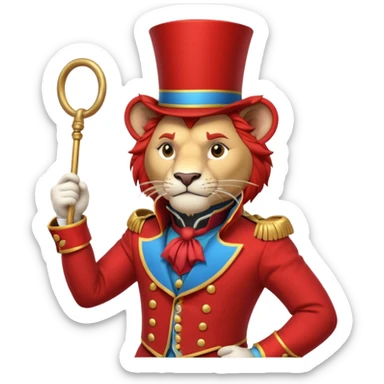 circus lion tamer portrait, head and shoulders only, red ringmaster jacket collar, confident strong look, whip handle visible, 3D cartoon, mobile game icon style, clean background, no text, no watermark
 sticker