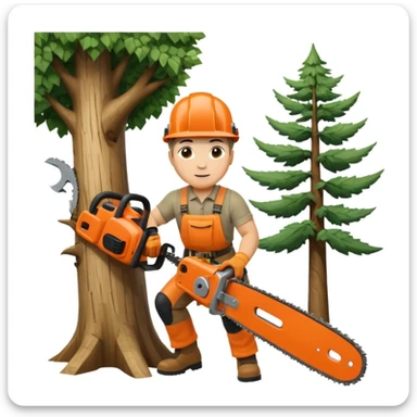 professional arborist cutting down a large tree with chainsaw, wearing safety helmet and protective gear. Scene includes detailed tree trunk, falling wood pieces, forest background, dynamic movement, and emphasis on expertise and safety in tree removal sticker