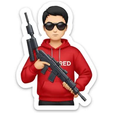 A guy in a red sweatshirt with sunglasses, with stylish black hair, holding a machine gun, and behind his back you can see the inscription: PRED sticker