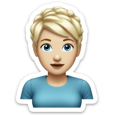 White woman with blonde hair, short pixie bangs, blue eyes sticker