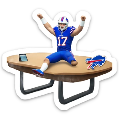 My blonde girlfriend Macy wearing a buffalo bills Josh Allen jersey and jumping through a table sticker