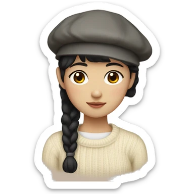 korean girl short black hair sharp jawline, wearing a cream sweater and beret sticker