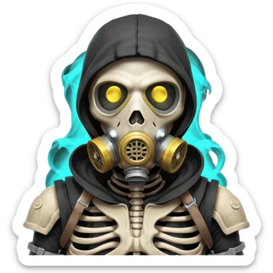 skeleton wearing a gas mask portrait, head and shoulders only, visible rib cage bones, cracked skull, dark hood, glowing eyes inside the mask, post-apocalyptic vibe, dramatic lighting, 3D cartoon, mobile game icon style, clean background, no text, no watermark
 sticker