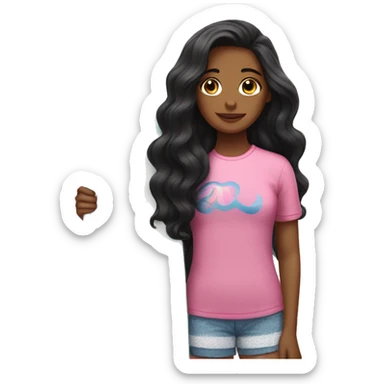 A girl with wavy long black hair on a pink surfboard sticker