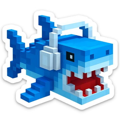 voxel style shark with white headphones, open mouth, blocky, blue and silver, no background sticker