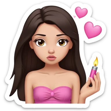 girl with lighter skin, dark brown long straight hair falling in front of her body, pouty shiny lips without cupid's bow, large eyes, lighter button nose, long oval-shaped face, wearing a pink bandeau top with straight neckline, looking directly at camera with hands down at sides sticker