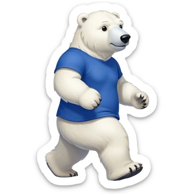 friendly anthropomorphised polar bear walking with a confident stride, wearing a royal blue t-shirt, stronger-looking sticker