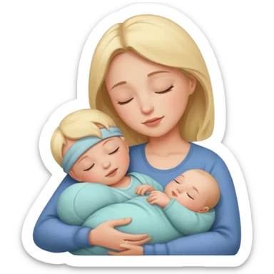 a parent sitting and holding a sleeping baby, cozy and safe, warm lighting, both look content sticker