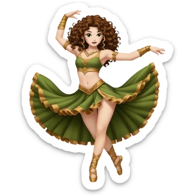 full body woman long curly brown hair brown eyes white skin tattoos muscular build moss silk dancer costume, mid spin sticker