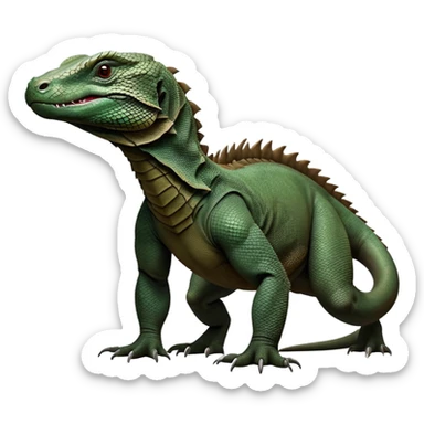 cinematic-komodo-dragon-realistic-full-body-standing on all fours-emoji,-massive-scaled-body-poised-with-quiet-power,-rough-textured-skin-dark-green-and-dark brown, black,-head-tilted-dramatically,-long-forked-tongue-flicking-out,-simplified-yet-realistic-focused-features,-highly-detailed,-glowing-with-an-almost-sarcastic-glow

 sticker