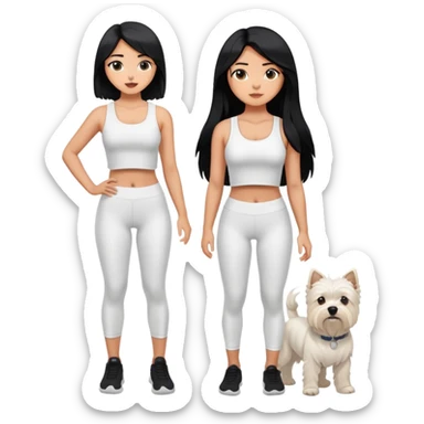A girl with long black hair who wears white crop top and black legging, she is holding a west highland terrier sticker