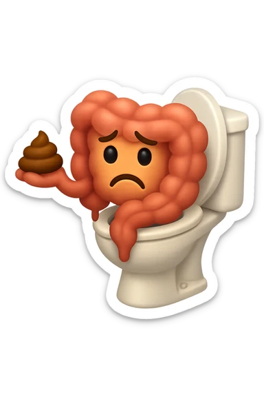 emoji stile iphone di un intestino che esce dal wc con in mano una montagnetta di feci con espressione triste a palline sticker