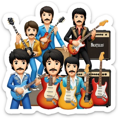 Rock music icon: dynamic collage of global rock legends like The Beatles, Jimi Hendrix, Elvis Presley, Led Zeppelin, Queen, and Nirvana, surrounded by guitars, amplifiers, and stage lights. Not all have mustaches, reflecting diverse styles. Transparent background. sticker