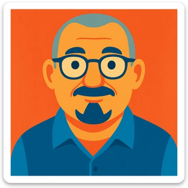 portrait cartoon d'un homme de 60 ans, cheveux très courts gris, visage rond, lunettes, moustache et bouc court sticker