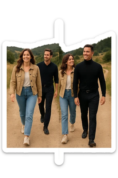 a man and a woman walk together along a winding path in a natural landscape. In one version, the woman leads confidently while the man follows a few steps behind, looking at lei con ammirazione. In un’altra versione, i ruoli sono invertiti, con l’uomo che guida e la donna che lo segue sorridendo. La scena trasmette l’idea che entrambi possano guidare o seguire, a seconda del momento. sticker