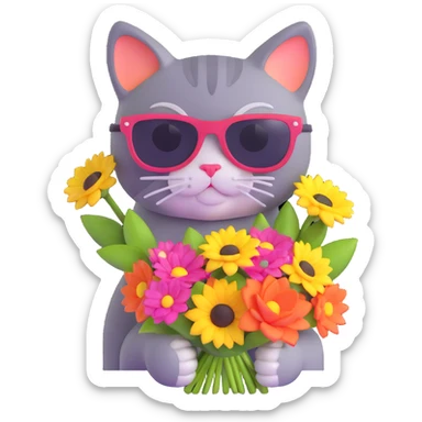 cat wearing sunglasses holding a bouquet of flowers sticker