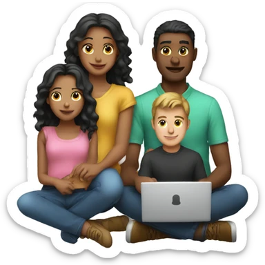 2 girl and 3 man each of them holding laptop and sit together  sticker