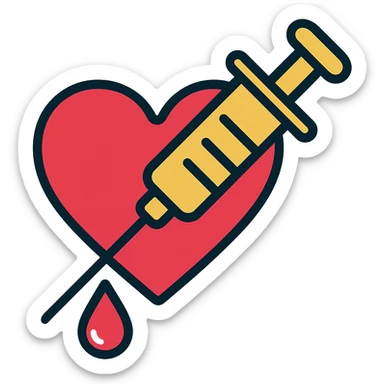 Add a blood drip coming from the syringe and heart. Keep the color outline style and no background. sticker