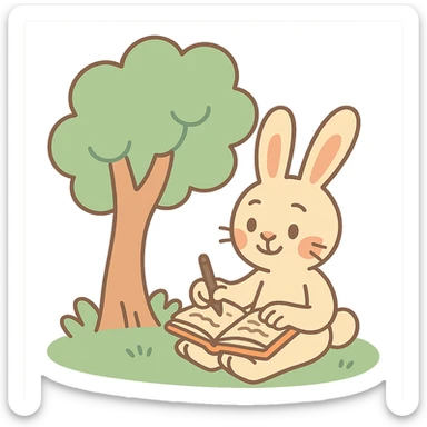 rabbit writing in a journal under a tree, pastel green and beige, pastel toon style sticker