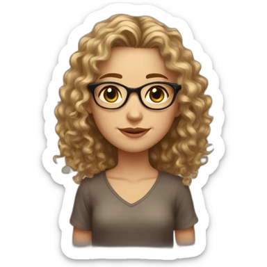Caucasian girl, long dark hair, curly hair, brown eyes, golden glasses with tiny frames, just face sticker