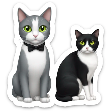 grey and white tuxedo cat with green eyes, with a black cat with yellow eyes sticker