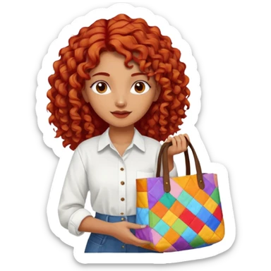 a pretty tan indian bratz girl with curly red hair, wearing an oversized patchwork white shirt, carrying a tote bag sticker