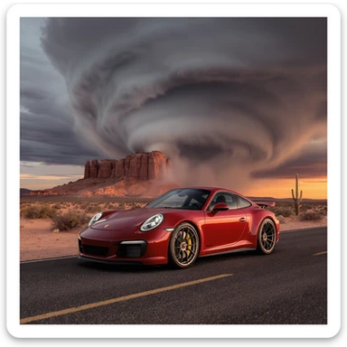 A modern desert mountain, wallpaper, modern, porsche 911, sunset, arizona desert, tornado in background sticker