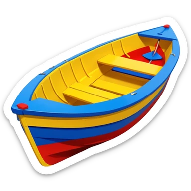 Brightly painted Cardboard dinghy boat with straight sides, very basic design pointed on one end, flat square rear  sticker