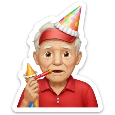 old man with red shirt and birthday cone, party horn on his mouth sticker