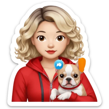 An Asian Lady With Ash Blonde Balayage, Loose Curls, In Red Gym Outfit, Holding A French Bulldog sticker