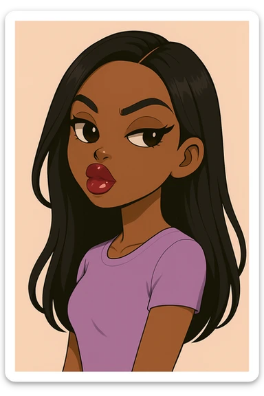 Change her pose to a side-eye, headshot only, 20-year-old anime Bratz style woman with dark skin, straight hair, more casual outfit, big expressive eyes, glossy lips, no hat, no tears, confident and aloof expression, snooty attitude, nose turned up. Render in anime Bratz style with emphasis on glossy lips and big expressive eyes, confident and aloof expression, no hat, no tears. sticker