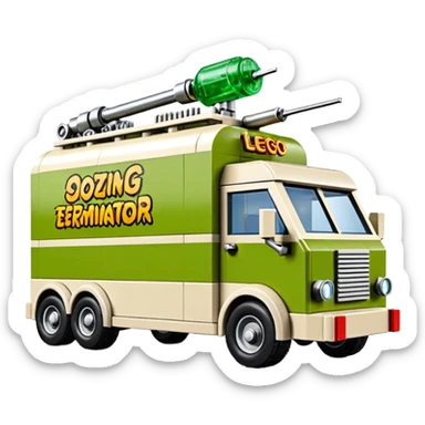 Heroic Lego SuperBug Ron’s oozing exterminator superminator antique tall moving van (motto: Bombing creepy bugs is fun) sticker