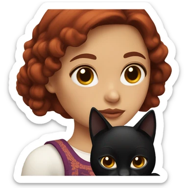 Mexican girl with black eyes and dark red hair holding a black cat sticker