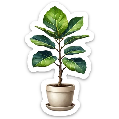 An elegant fiddle-leaf fig tree in a modern minimalist pot, painted in watercolor with realistic shadows and highlights. sticker