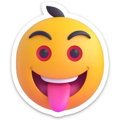 3D emoji with a zany face, one eye larger, tongue sticking out, wild smile, vibrant and glossy, front facing sticker