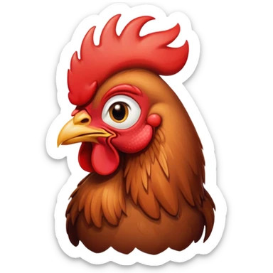 Cinematic Cute Brown Rooster Portrait Emoji, Head tilted playfully and inquisitively, featuring a glossy, immaculate brown plumage with a vibrant red comb, round, sparkling warm eyes filled with curiosity, Simplified yet irresistibly adorable features, highly detailed, glowing with a warm, friendly glow, high shine, affectionate and spirited, stylized with a touch of farmyard whimsy, bright and endearing, soft glowing outline, capturing the essence of a mischievous yet loving rooster, so playful it feels like it could strut out of the screen and into your arms! sticker