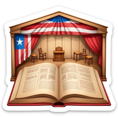 Timeless open book with visible pages of hand-drawn theater backdrop sketches, stage layouts and set designs, Puerto Rican flag motifs integrated throughout, wooden cover with theater symbols, warm light sticker