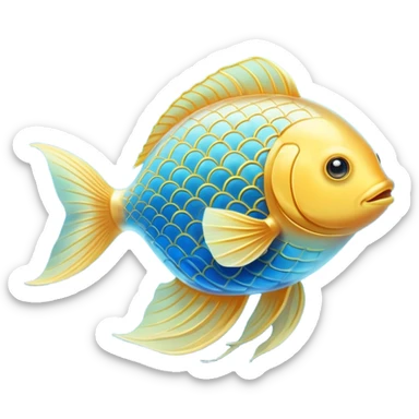 Ethereal golden fish in the shape of an omega symbol, radiating gentle waves of energy that flow toward a glowing brain and heart. The fish appears translucent and luminous, with scales that shimmer with healing properties, all suspended in a dreamy blue atmosphere. sticker